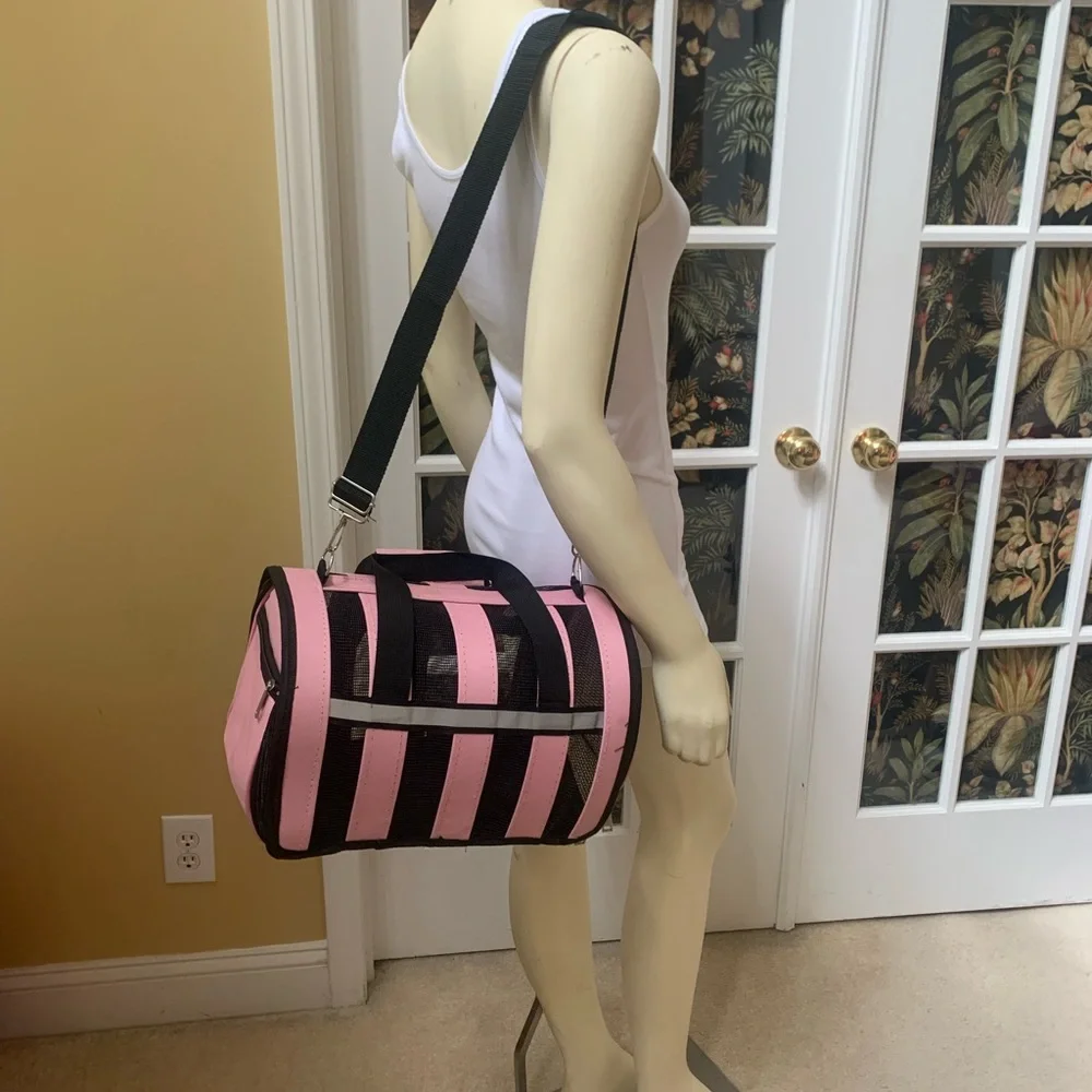 Small Pet carrier bag Pink with Black mesh handle plus detachable shoulder strap